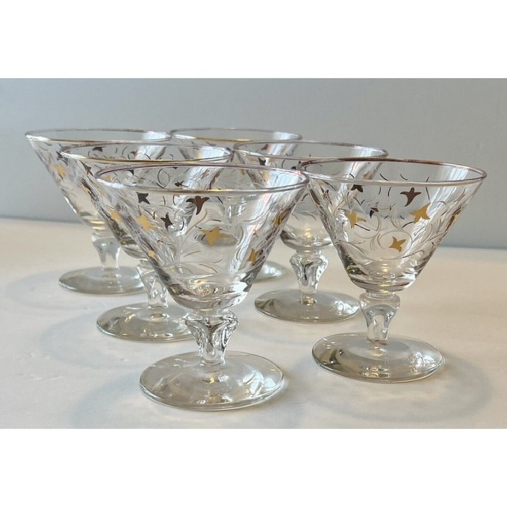 Beautiful‎ MCM Libbey Glass Royal Fern Drinking Glasses Stemware Gold Accents, 6